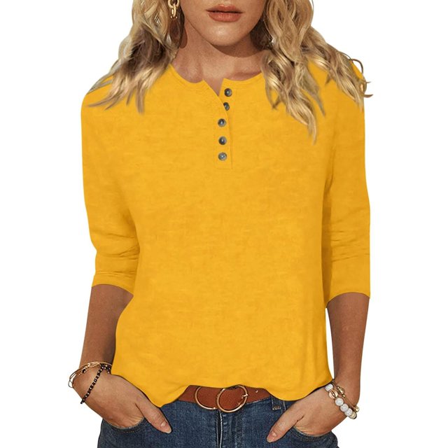 Yuyuzo Womens 3/4 Sleeve Tops Basic Button Crew Neck Solid Color Loose Fitted Tunics Tee Blouses