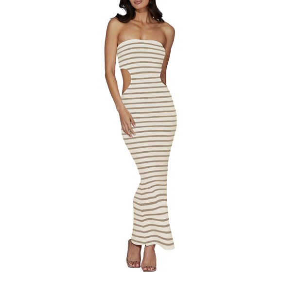 Diconna Womenacute;s Tube Top Dress Strapless Sleeveless Cutout Solid Color/Stripes Print Knit Dress Summer Beach Dress