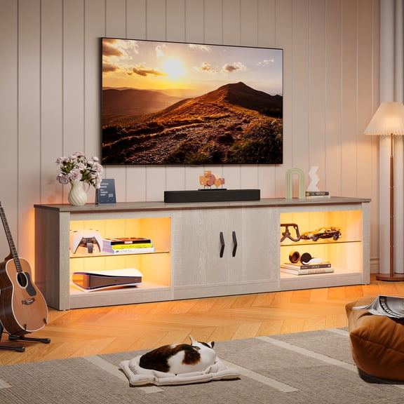 Bestier Meuble Télé Moderne à DEL de 70 Pouces pour Téléviseurs jusqu'à 75 Pouces, Armoire Télé pour Salon, Blanc Lavé