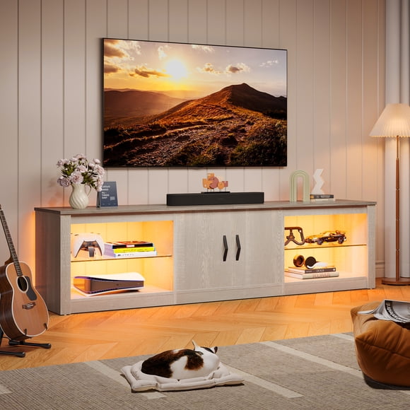 Bestier Meuble Télé Moderne à DEL de 70 Pouces pour Téléviseurs jusqu'à 75 Pouces, Armoire Télé pour Salon, Blanc Lavé
