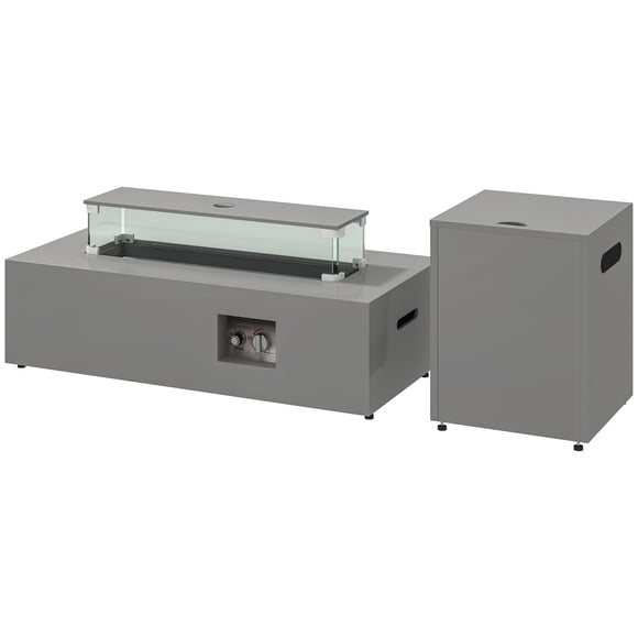 42" Propane Fire Pit Table Set, 50,000 BTU Outdoor Gas Fire Table with Hidden Tank Storage & Waterproof Cover, Light Grey Steel Fire Pit for Patio, Garden and Backyard Living