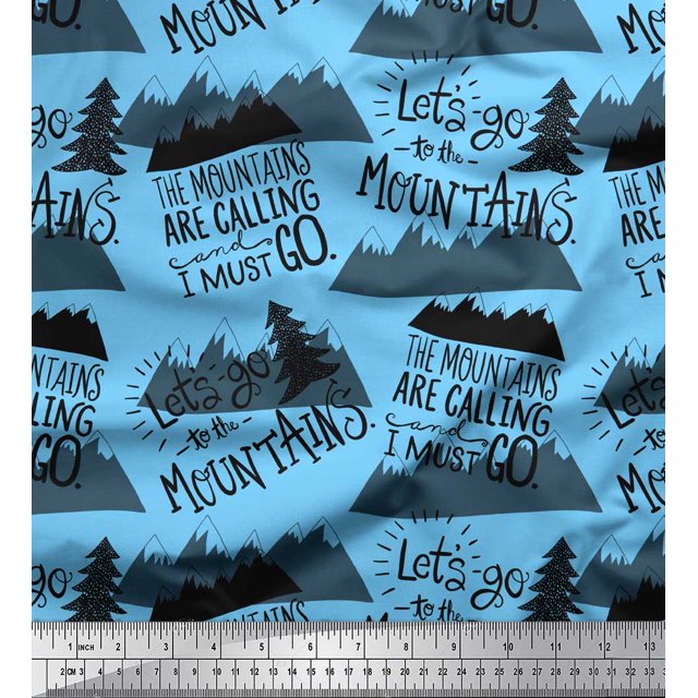 Soimoi Blue Poly Georgette Fabric Mountains & Text Print Fabric by the Yard 42 Inch Wide