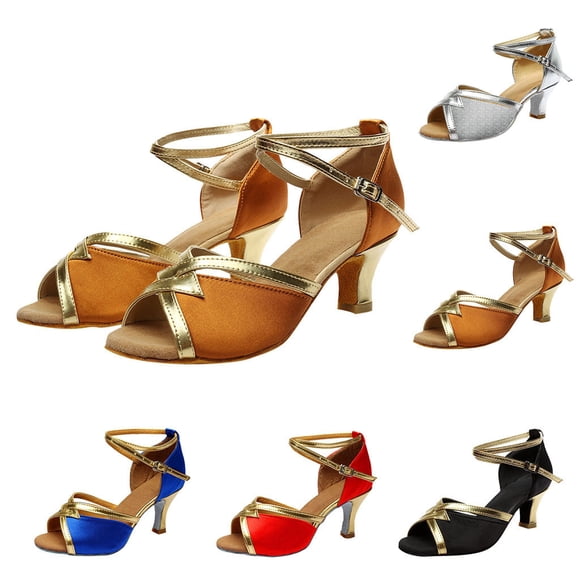Chaussures de Danse Latine pour Femmes à Talon Bas, Sandales Élégantes de Tango et de Fête à Paillettes avec Bride à la Cheville, Mode à Enfiler, Chaussures d'Été Confortables pour Fête, Bleu, Taille 8