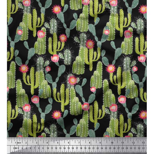 Soimoi Black Japan Crepe Satin Fabric Flower & Cactus Tree Decor Fabric Printed BTY 42 Inch Wide
