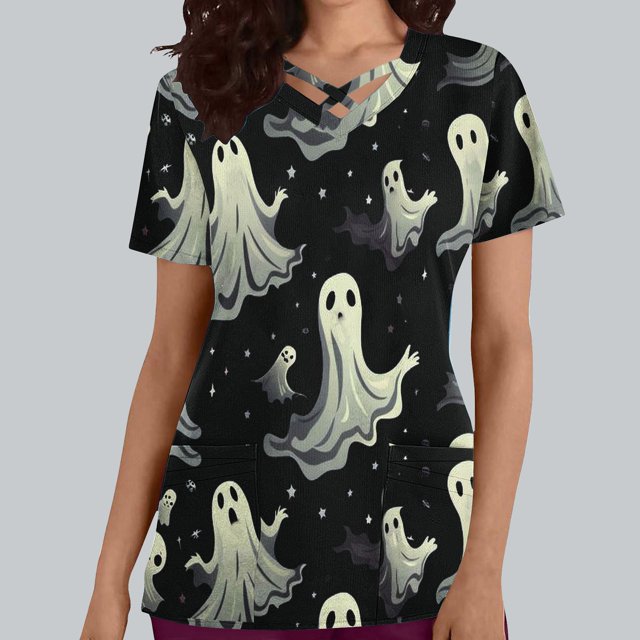 FcBaudy Hauts pour Femmes, Blouses & Chemises à Manches Courtes Col en V Mode Décontractée d'Halloween Imprimé Manches Courtes Col en V Poche Blouse d'Infirmière Polyester pour Femmes
