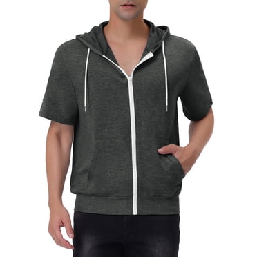 INSPIRE CHIC Men's Short Sleeve Hoodies Solid Color Zip Up Jackets with Hood S Dark Gray