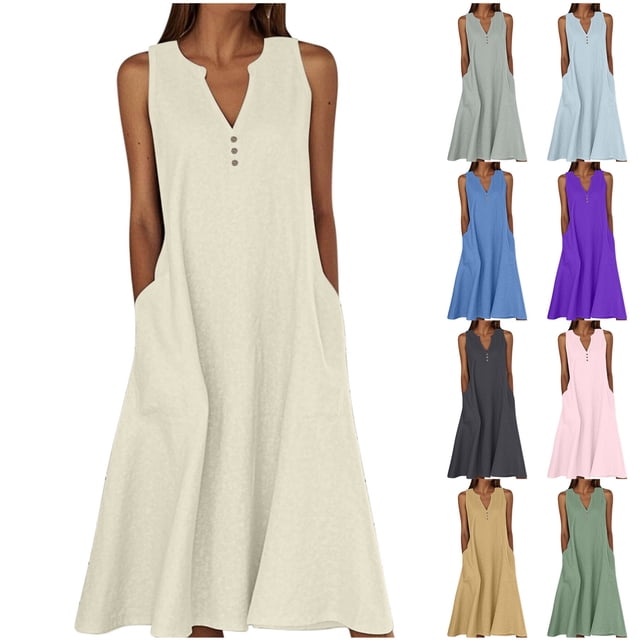 Meichang Robes d'Été Décontractées pour Femmes à Col en V avec Boutons, Robe Midi Fluide et Ample, Élégantes Robes de Travail avec Poches