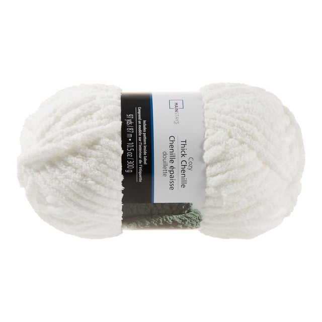 Mainstays thick chenille yarn white skein with lush, thick texture and soft fibers, wrapped in a label showing 97 yards and 10.5 ounces, perfect for crafting warm blankets, pillows, and scarves, also suitable for adding cozy accents to handmade projects.