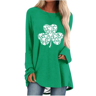 QIPOPIQ T-Shirts à Manches Longues à Col Rond pour Femmes T-Shirts de la Saint-Patrick T-Shirt Imprimé Shamrock T-Shirt Vert Chanceux Hauts Amples T-Shirt à Col Rond pour Dames Tunique Chemises de Vacances Aubaines