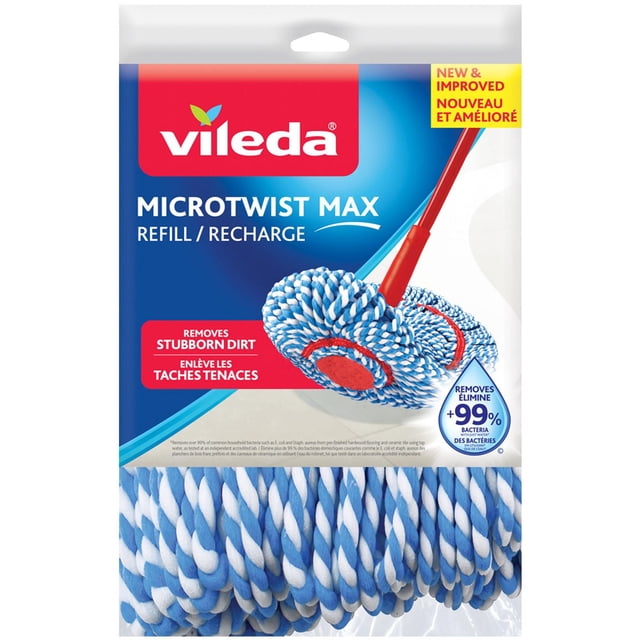 MicroTwist MAX Mop 18-inch Microfibre Mop Head Replacement refill by Vileda with blue and white twisted microfibre strands and red center, designed to remove stubborn dirt and eliminate over 99% of bacteria with water, in clear retail packaging with red and blue branding.
