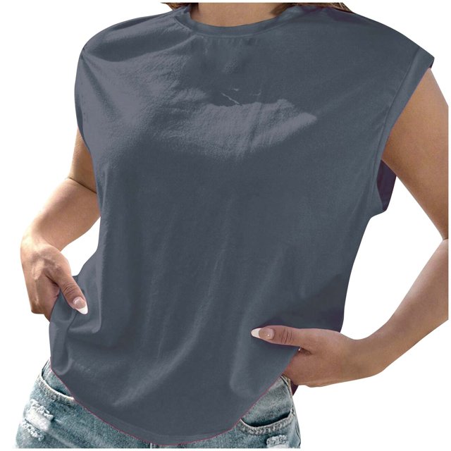 AherBiu Hauts d'Été pour Femmes à Manches Cap, Haut Basique, T-Shirts, Chemises, Confortable, Couleur Unie, Blouse à Col Rond