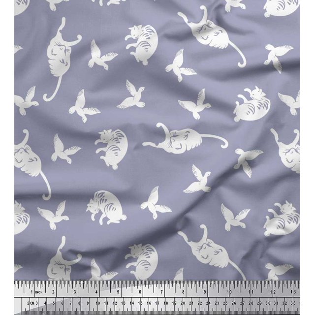 Soimoi Velvet Fabric Bird & Cat Animal Print Fabric by Yard 58 Inch Wide
