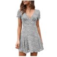 thumbnail image 3 of Fridja Womens Geometry Dot Printed Mini Dress V Neck Cocktail Party Beach Dress, 3 of 9