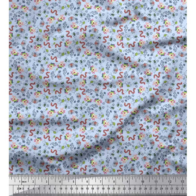Soimoi Satin Silk Fabric Earthworm,Fruit & Insect Print Sewing Fabric Yard 42 Inch Wide