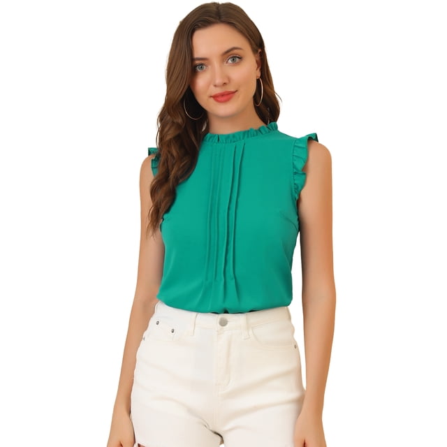 INSPIRE CHIC Blouse Haut Plissé Sans Manches à Col Ras du Cou à Volants pour Femme