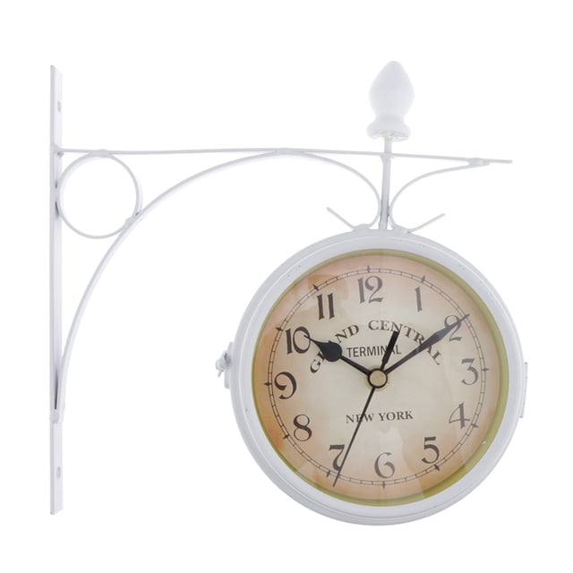 White Wall Clock Metal Frame Double Sided Bracket Clock-22cm Dia.
