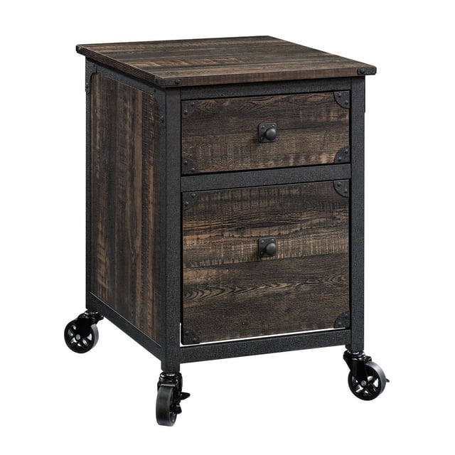 Sauder® Steel River Piédestal de Classement avec un Cadre Industriel Rustique en Métal Oxydé avec Détails en Rivets, Tiroirs à Fini Bois Carbonisé avec Boutons Noirs et Roulettes en Acier pour la Mobilité, Idéal pour le Classement à Domicile et le Classement Suspendu Format Lettre.