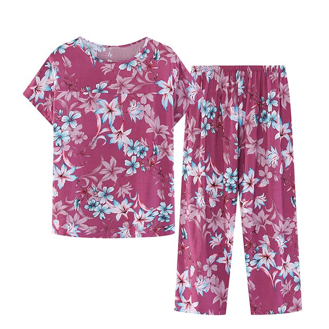 Tnhcen Ensemble de Sommeil 2 Pcs pour Femme d'Été Aspect Lin / Haut à Manches Courtes Boutonné à Col Rond à Imprimé Rétro + Pantalon à Taille Élastique / TG-5TG