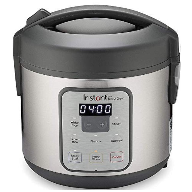 Instant Pot Zest 8 Cup Rice Cooker, a stainless steel multi-function appliance with digital controls for cooking rice, grains, quinoa, oatmeal, and steaming vegetables or fish. Features delay start and keep warm settings.