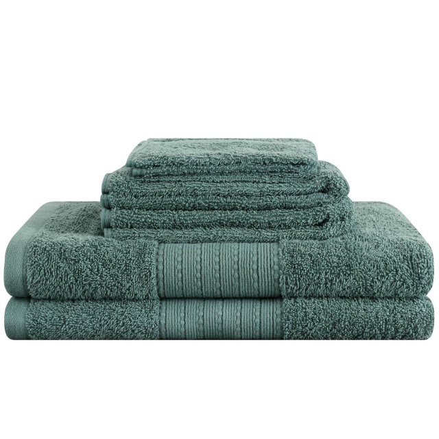 Holiday Time 100% Cotton 6-Piece Solid Towel Set in muted green, stacked front-facing with two 30 in. x 54 in. bath towels, two 16 in. x 26 in. hand towels, and two 12 in. x 12 in. washcloths, featuring absorbent cotton texture and ribbed bands, suitable for everyday bathroom use.