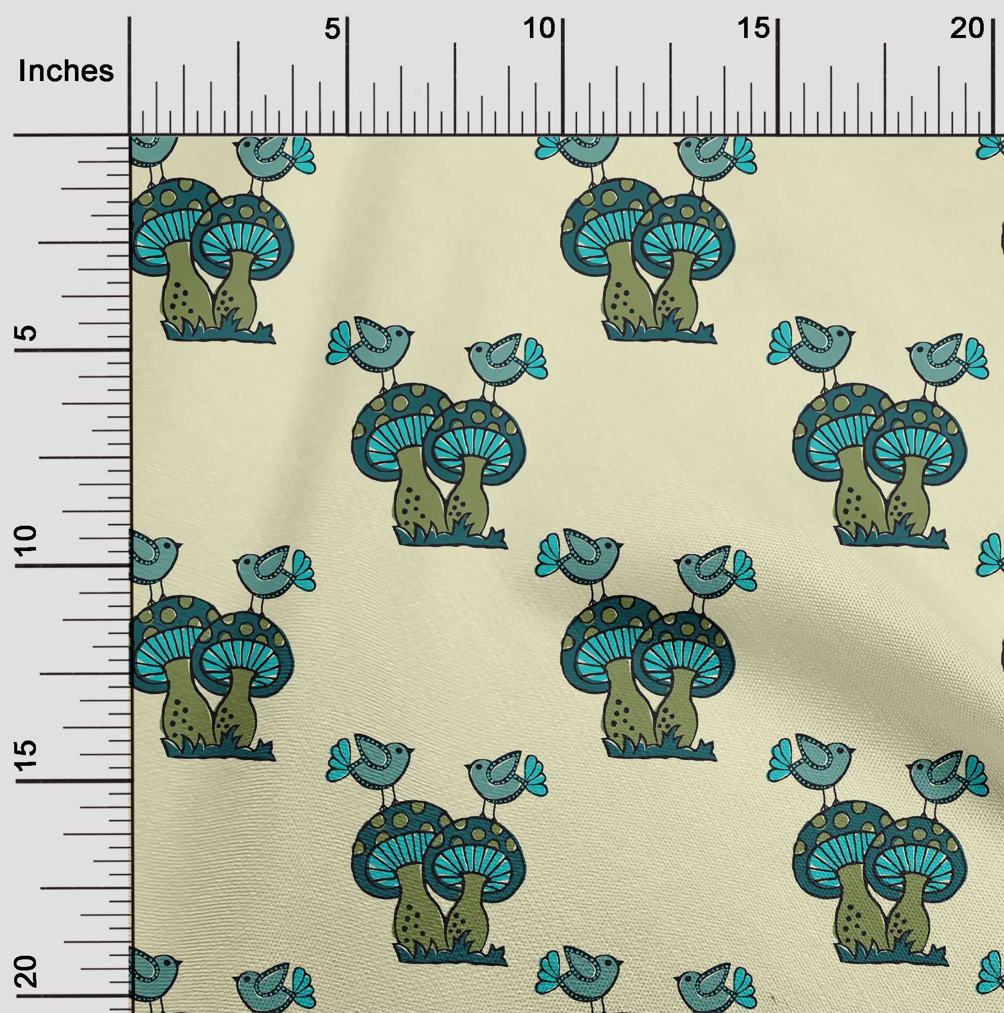 oneOone Viscose Chiffon Fabric Bird & Mushroom Block Print Fabric By The Yard 42 Inch Wide