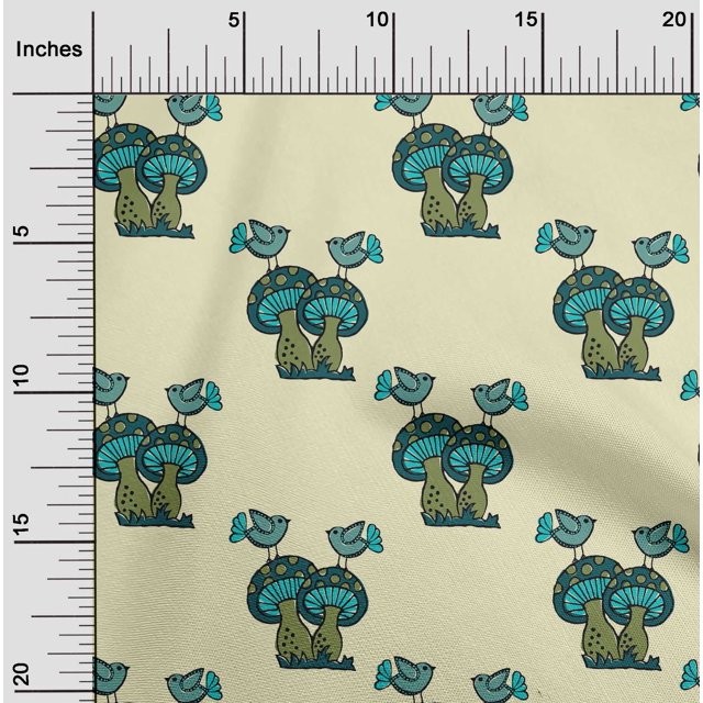 oneOone Georgette Viscose Fabric Bird & Mushroom Block Printed Fabric 1 Yard 42 Inch Wide