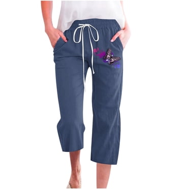 Meichang Capri Pants for Women Casual Summer Cotton Linen Pants Loose Elastic Waist Capris Trousers Wide Leg Cropped Pants with Pockets