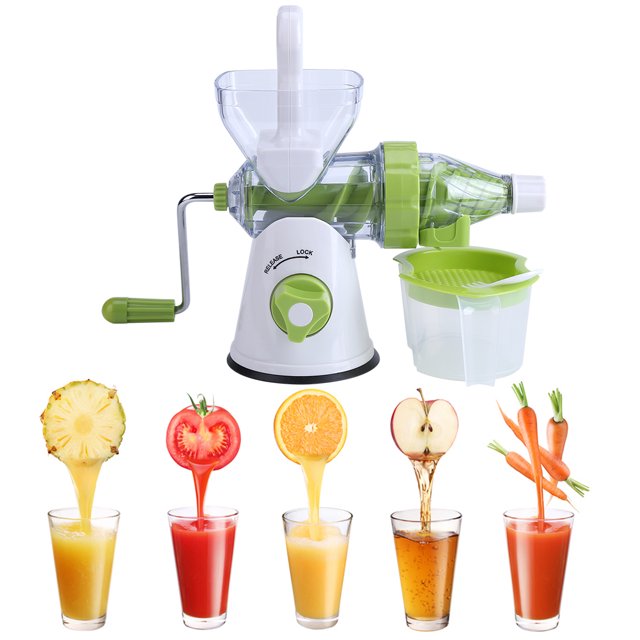 Yosoo Multi-function Manual Orange Fruits/Vegetable Juicer Machine Kitchen Fresh Juice Extractor in green and white ABS plastic. Designed for juicing fruits and vegetables such as oranges, apples, carrots, and pineapples. Features detachable parts, juice residue separation, vacuum suction cups, and a strong suction base for stability. Compact and portable, ideal for travel, camping, or electricity-free juicing.