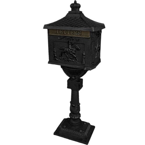 Mail Box Heavy Duty Mailbox Postal Box Security Cast Aluminum Vertical Pedestal with a historic design featuring embossed horse and rider detail on the front panel. Constructed from durable cast aluminum and cast iron in a black finish, it measures 46 inches tall and includes a locking access door with two keys for secure mail storage. The vertical pedestal base provides stability and adds elegance, making it ideal for outdoor garden décor or patio use.