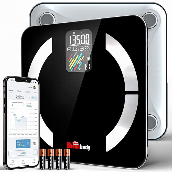 Balance Corporelle Intelligente Numérique pour Salle de Bain / Grand Affichage, Résultat Précis / 22 Métriques Incluant Indice Cardiaque, Fréquence Cardiaque, Graisse Corporelle, Masse Maigre / Verre Trempé, Prise en Charge de l'Appli Bluetooth
