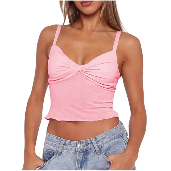 Qulqfy Fashion Women Tops Pink Sleeveless Crop Tunic Going Out Solid Slim Camisole Shirts for Teens Girls Trendy L