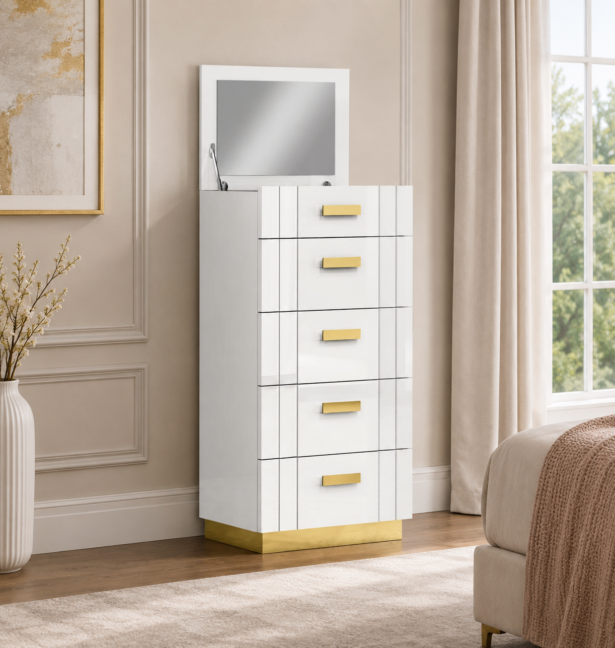 COFFRE TANNER EN ACCENT MÉTALLIQUE BLANC ET OR AVEC RANGEMENT MIROIR ET BIJOUX