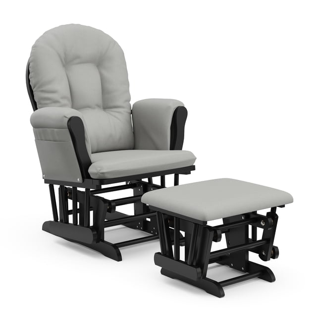 Storkcraft Hoop Glider and Ottoman nursery set with grey cushioned seat and backrest, padded armrests with side storage pockets, and black solid wood gliding base for smooth rocking motion.