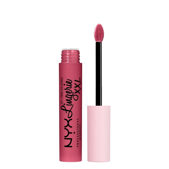 NYX PROFESSIONAL MAKEUP Lip Lingerie XXL Matte Liquid Lipstick in TURN ON (Peach Nude) showing an open matte pink tube with black text and a light pink cap with a doe-foot applicator coated in peach nude matte liquid lipstick, ideal for long-lasting, full-bodied matte lips.