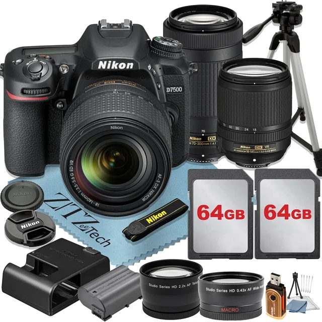 Nikon D7500 DSLR Camera with 18-140mm + 70-300mm Lens + 2 Pcs 64GB Memory Cards + Tripod + Wideangle + ZeeTech Accessory Bundle