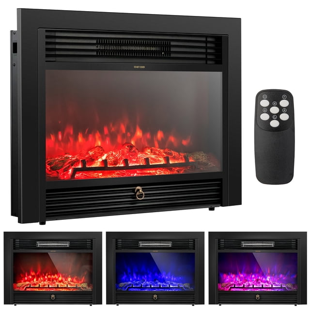 Costway Foyer Électrique Encastré de 28,5 Pouces avec Cadre Noir et devant en Verre, Doté d'Un Effet de Flamme de Bûche Réaliste avec des Niveaux de Luminosité Réglables. l'Image Montre le Foyer Émettant des Flammes Rouges, Bleues et Violettes, avec un devant en Verre Détachable et une Télécommande pour une Utilisation Facile. Conçu pour l'Efficacité Énergétique, Il Comprend une protection contre le Basculement et la Surchauffe. les Dimensions Sont de 28,5 Pouces de Longueur, 21 Pouces de Hauteur et 5,7 Pouces d'Épaisseur.