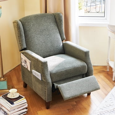 MALOL Wingback Pushback Recliner Chair with Storage Pocket, Upholstered Fabric Living Room Chair Armchair, Single Reclining Sofa with Wood Legs and Nailhead Trim for Home/Bedroom, Green