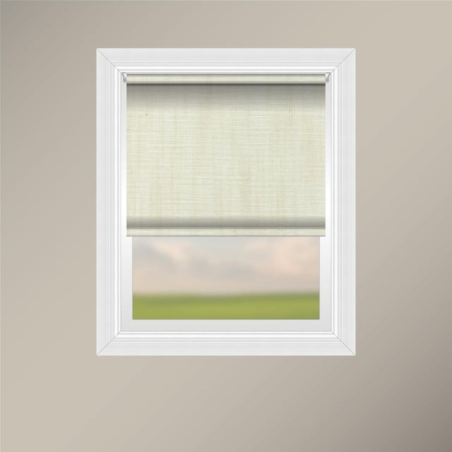 Off Cut Shades Chainless Sheer Roller Shade-Zanzibar in a centered front view within a white window frame. The shade features light beige textured 100% polyester fabric with an open roll design, plain hem with sewn pocket and weighted insert, and a sturdy white aluminum headrail. It operates chainless for child and pet safety and allows partial visibility, ideal for north or south-facing windows with limited direct sunlight. Suitable for common areas and easy to install and clean.