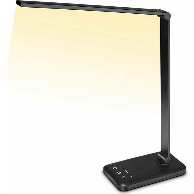 Brightness Levels Desk Lamp with foldable design in black, featuring 5 color modes, touch control, and USB charging port. Energy-efficient, eye-caring lighting suitable for home office, reading, or travel.
