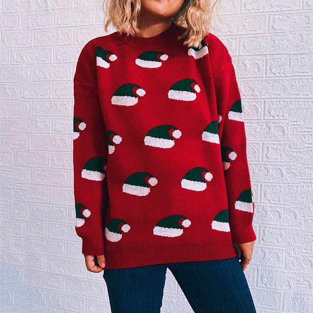 Qertyioot Women's Christmas Round Neck Sweaters, Winter Printing Splicing Long Sleeve Line Sweater Tops Blouse
