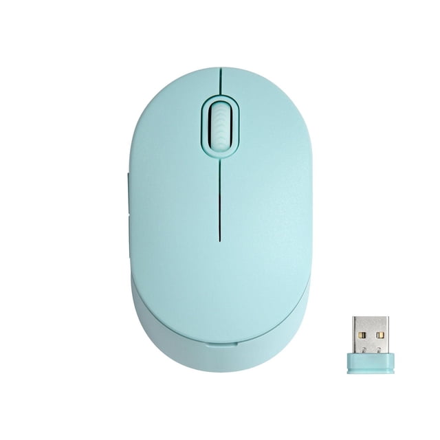 onn. 100009057 Wireless Compact 5-Button Mouse in light blue with a matte finish, shown from a top-down view with a scroll wheel and five buttons, alongside its USB nano receiver for 2.4GHz wireless connection, compatible with Windows, Mac, and Chromebook, suitable for portable computer use.