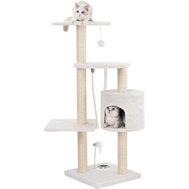 5 Layer Cat Trees with Sisal-Covered Scratching Posts, 44 Inch Activity Cat Tower Furniture Kitty Play House with 3 perches, 1 condo, 2 toys