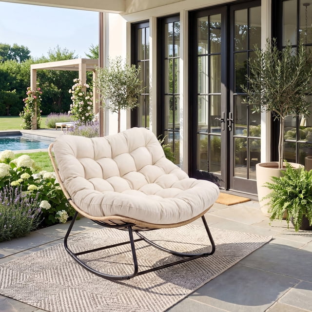Indoor Outdoor Patio Rocking Glider Chair – 450 lbs Capacity – Weather-Resistant Rattan, UV-Proof Cushion & soft Toy Fleece Upholstery – Sturdy Rubber Wood & Reinforced Steel Frame