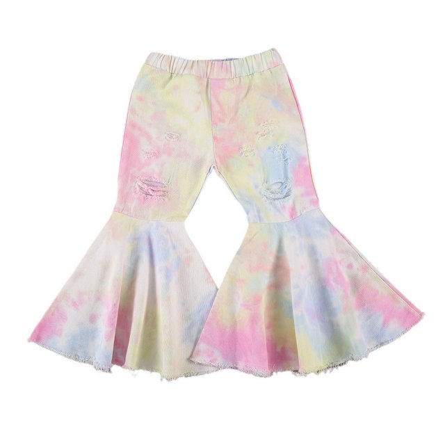 Girl‘s Autumn Tie Dye Print Ripped Bell Bottom Pants with Pockets