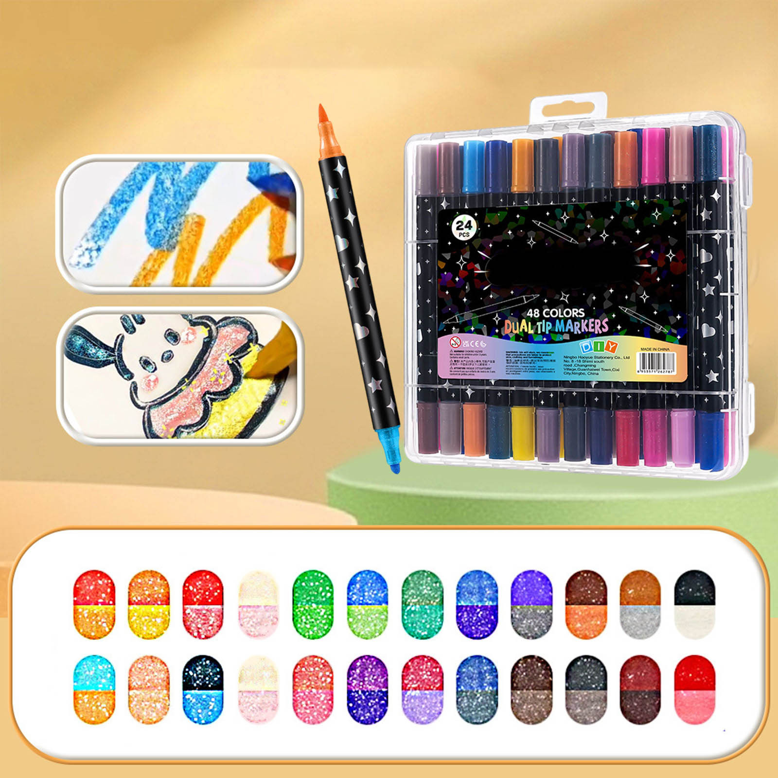 High-brightness Two-color Glitter Marker Pen Overstriking Pearlescent Glitter Pen Student Notebook Fluorescent Marker Pen 40ml