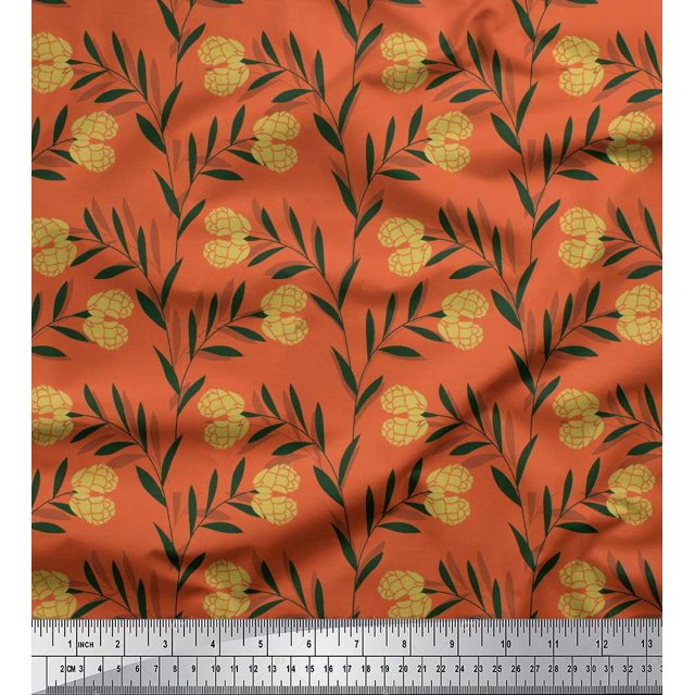Soimoi Orange Velvet Fabric Leaves & Clover Flower Hand Drawn Print Sewing Fabric Yard 58 Inch Wide