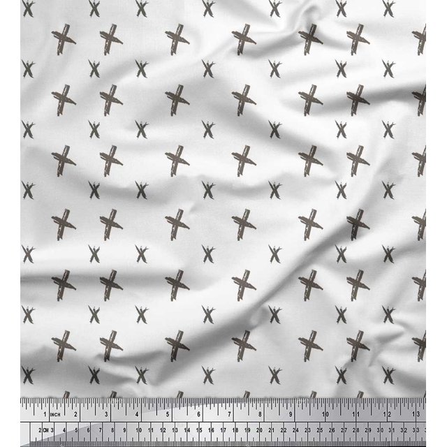 Soimoi White polyester Crepe Fabric Cross & Geometric Print Sewing Fabric Yard 52 Inch Wide