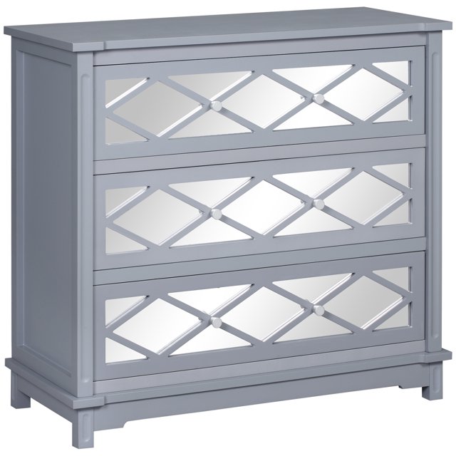 HOMCOM Commode 3 Tiroirs avec Panneaux Miroir, Commode pour Chambre, Armoire de Rangement pour Salle de Bain Salon, Entrée, Gris