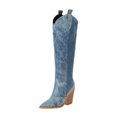 thumbnail image 2 of Plus Size Pointed Toe Denim High-heeled Women's High-top Knee-length Boots, 2 of 9