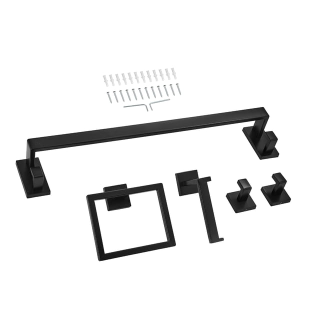 KFFKFF Matte Black Bathroom Hardware Set, 5 Pieces Stainless Steel Bathroom Accessories Set, 24-inch Towel Bar, Towel Rack, 2 Robe Towel Hooks